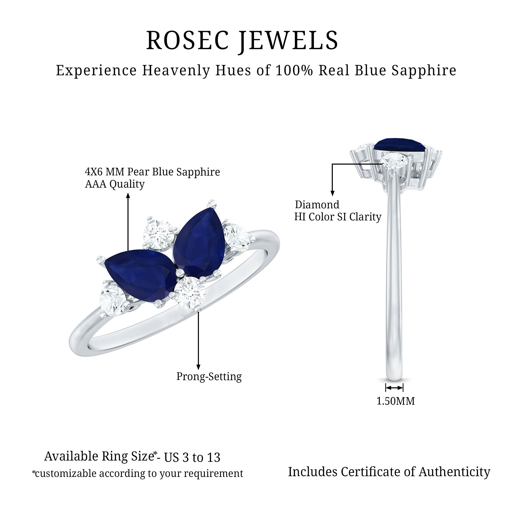 Genuine Blue Sapphire and Diamond Cluster Engagement Ring with Certificate
