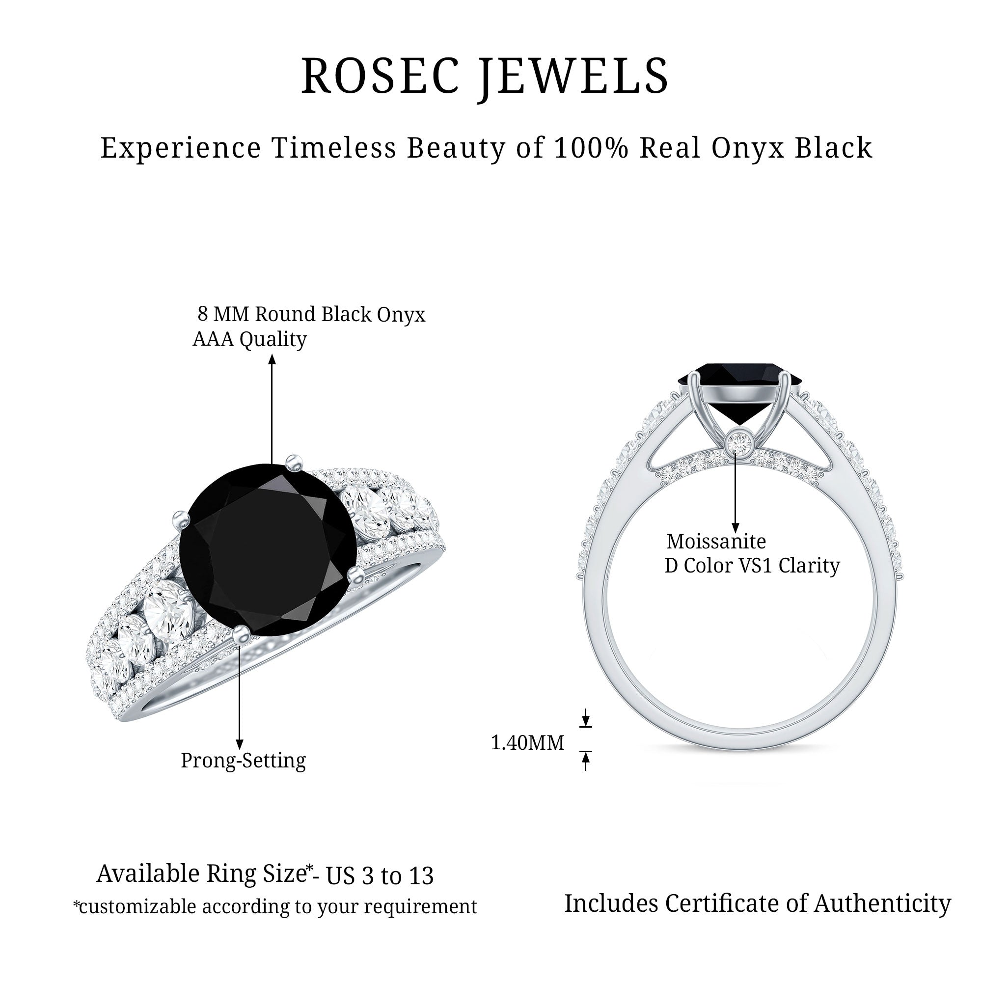 8mm Round Black Onyx Statement Engagement Ring with Moissanite Side Stones