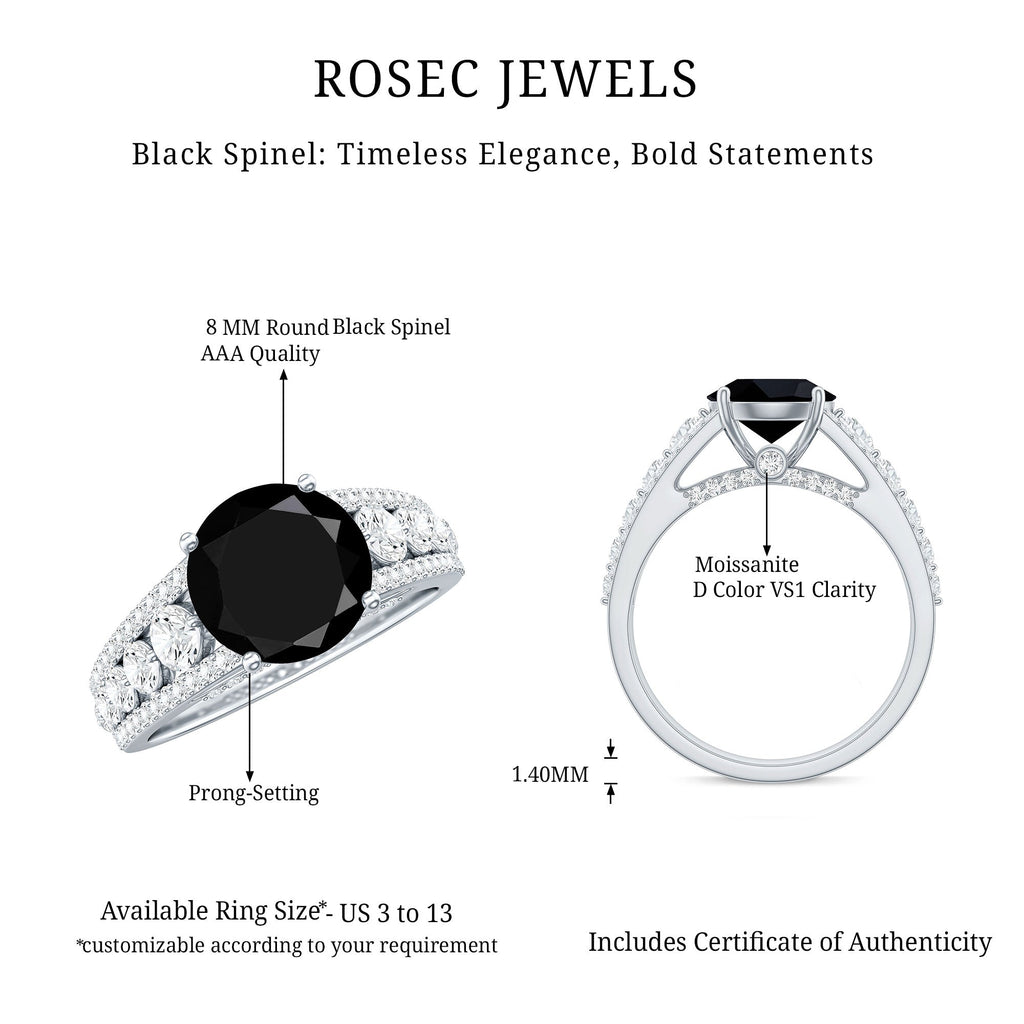 Real 2.5 Carat Black Spinel Engagement Ring with Moissanite Side Stones