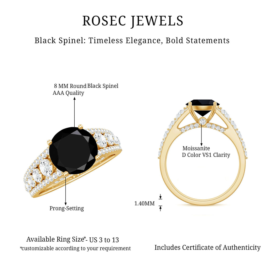 Real 2.5 Carat Black Spinel Engagement Ring with Moissanite Side Stones