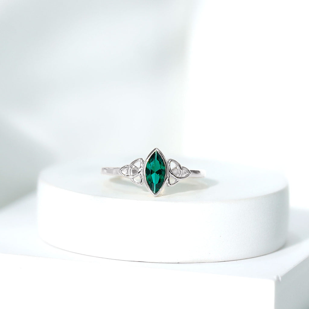 Certified 0.6 Carat Lab Grown Emerald Marquise Promise Ring with Celtic Knot