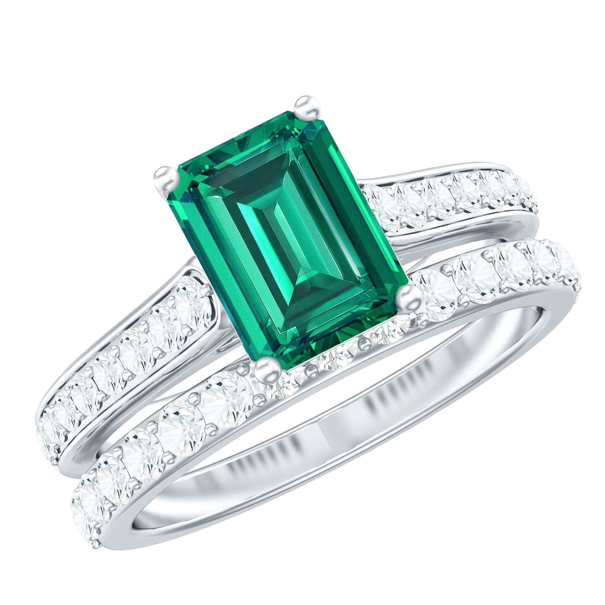 Lab Grown 1.6 Carat Emerald Cut Emerald Engagement Ring with Wedding Band