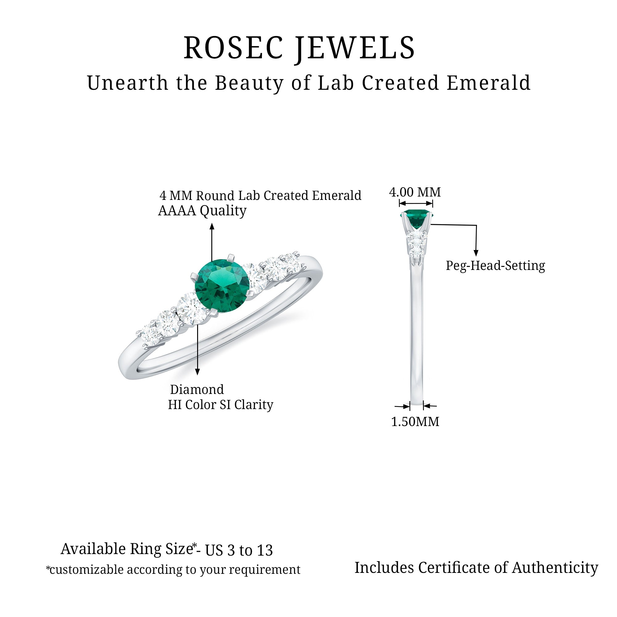 Round Lab Grown Emerald Diamond Promise Ring with Certificate