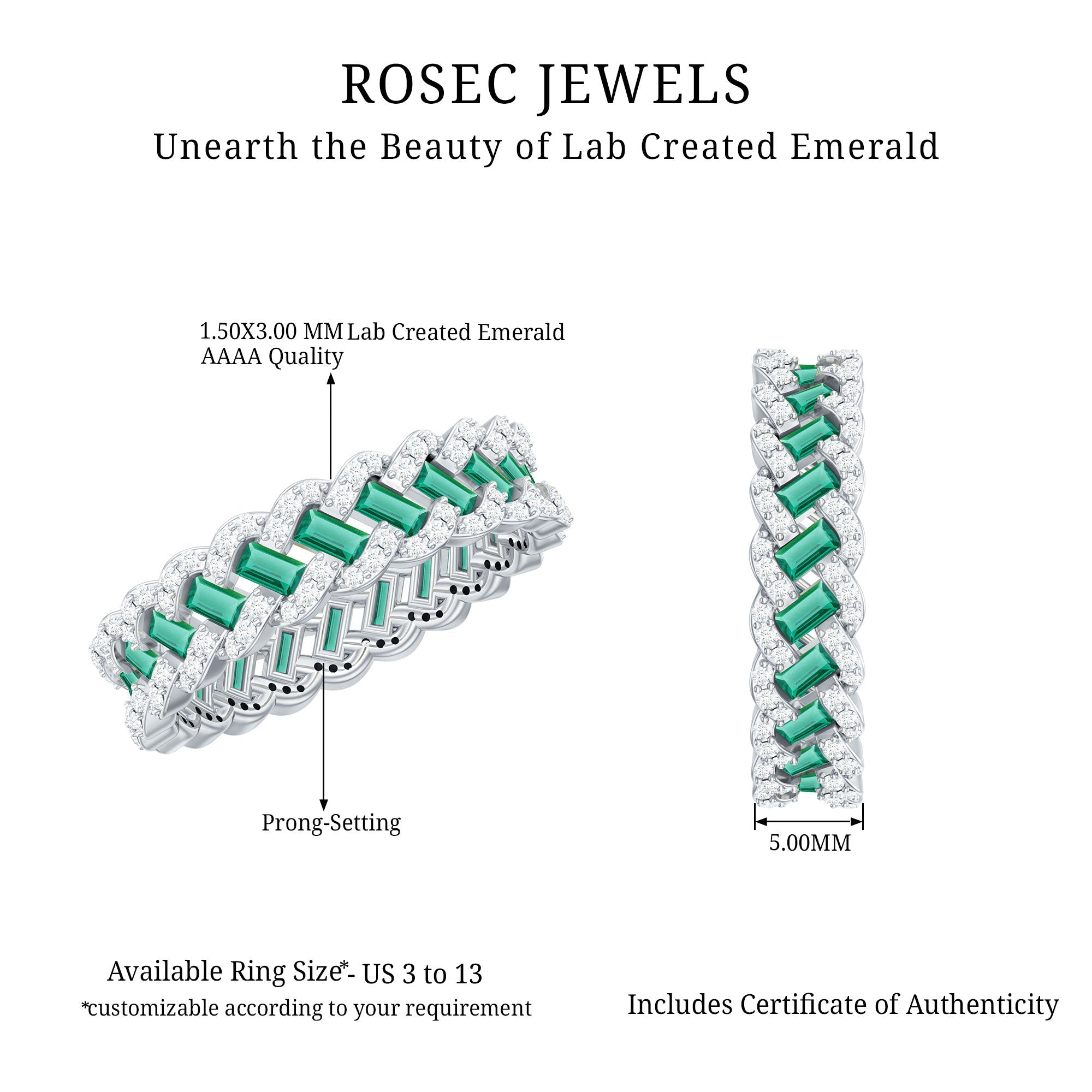 Certified Baguette Lab Grown Emerald Braided Wedding Band with Moissanite