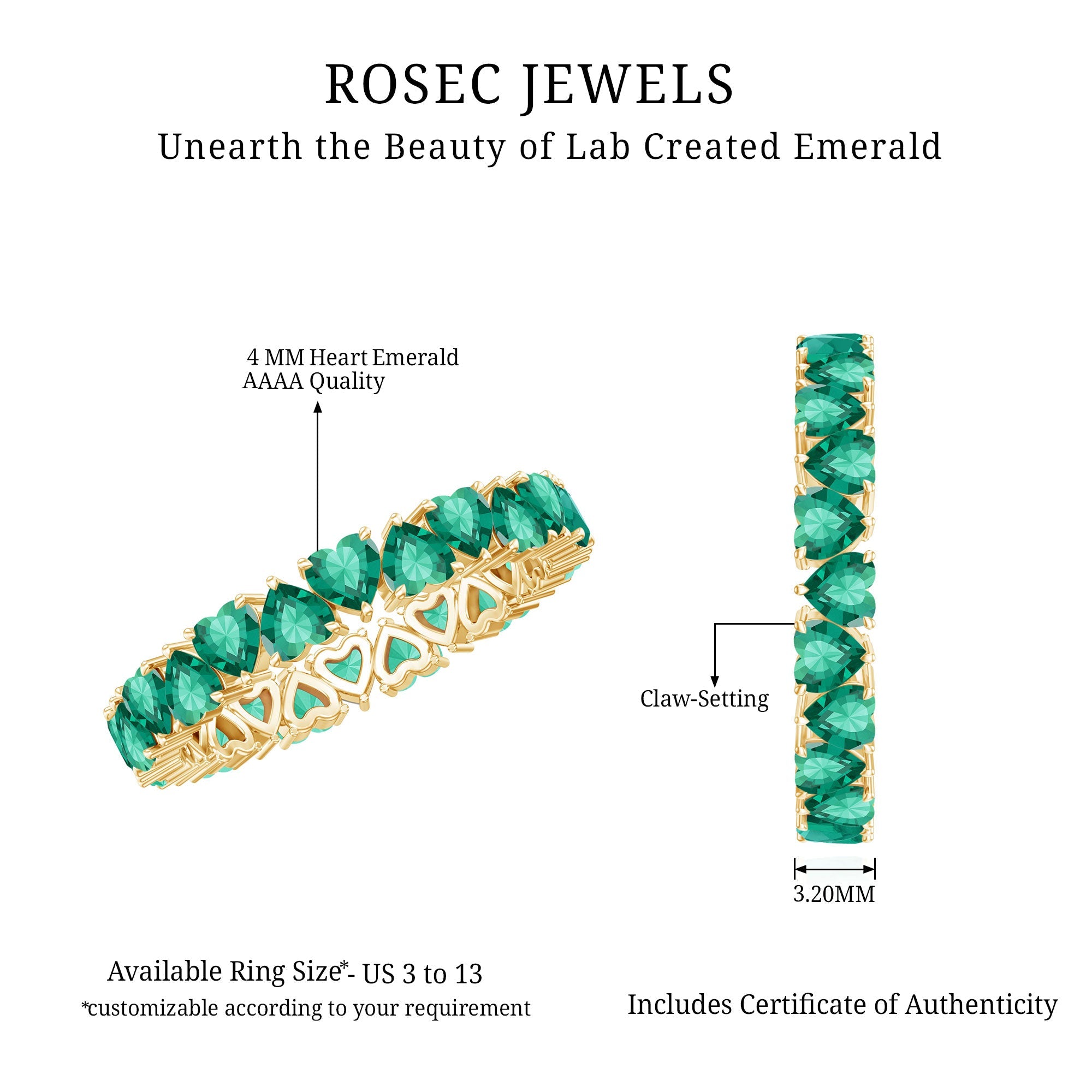 Certified Lab Created Emerald Heart Eternity Band Ring For Her