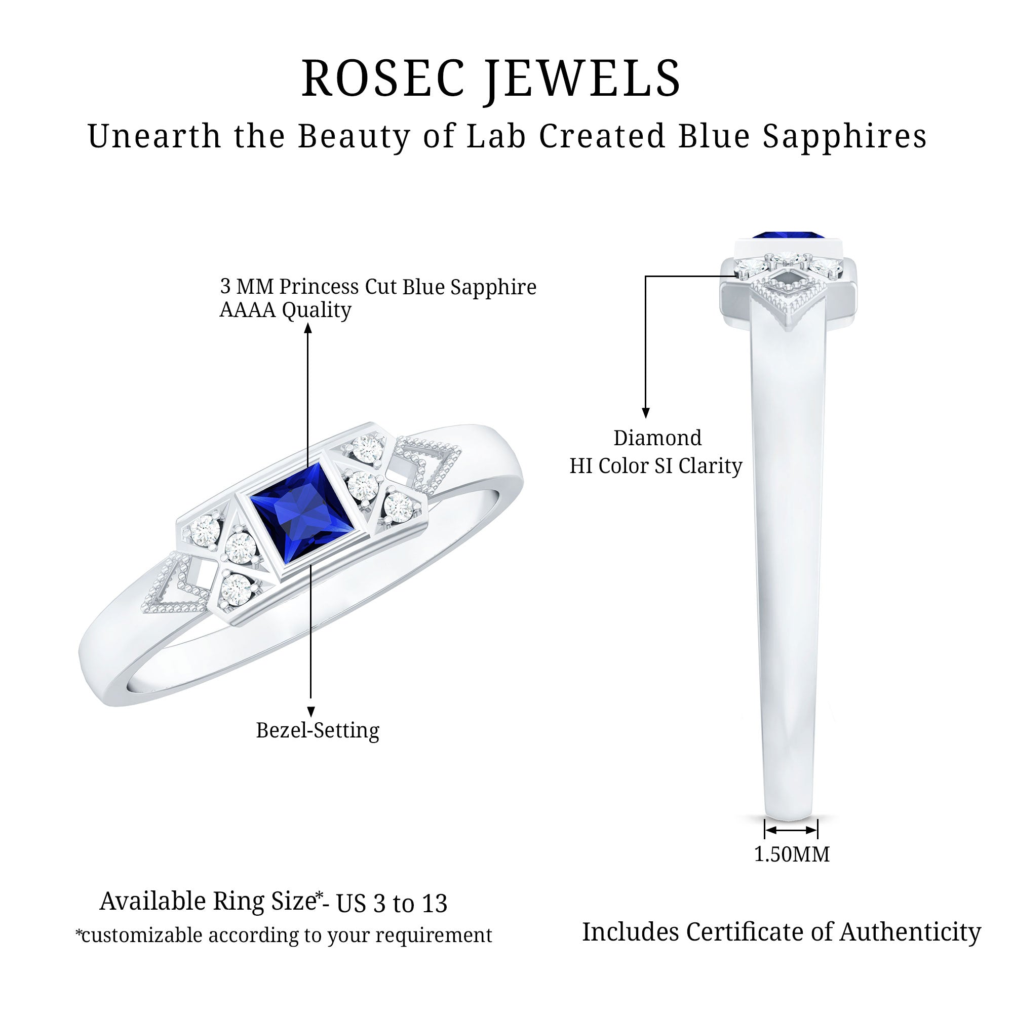 Art Deco Inspired Princess Cut Lab Grown Blue Sapphire Ring with Diamond