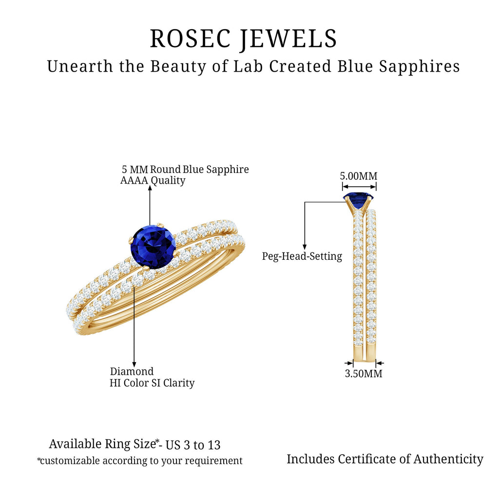 Certified 0.6 Carat Lab Grown Blue Sapphire Engagement Ring Set with Diamond