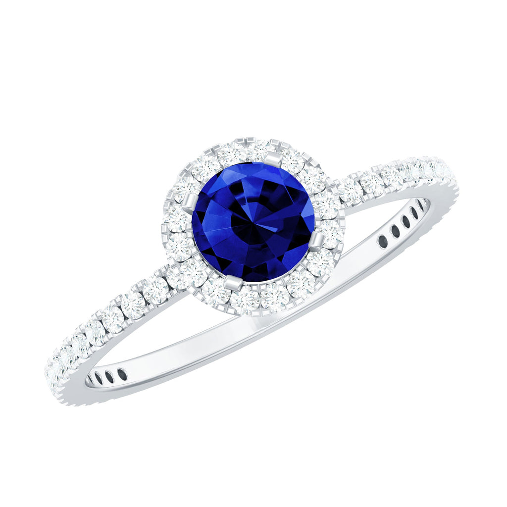 Certified 0.6 Carat Lab Grown Blue Sapphire Engagement Ring with Diamond Halo
