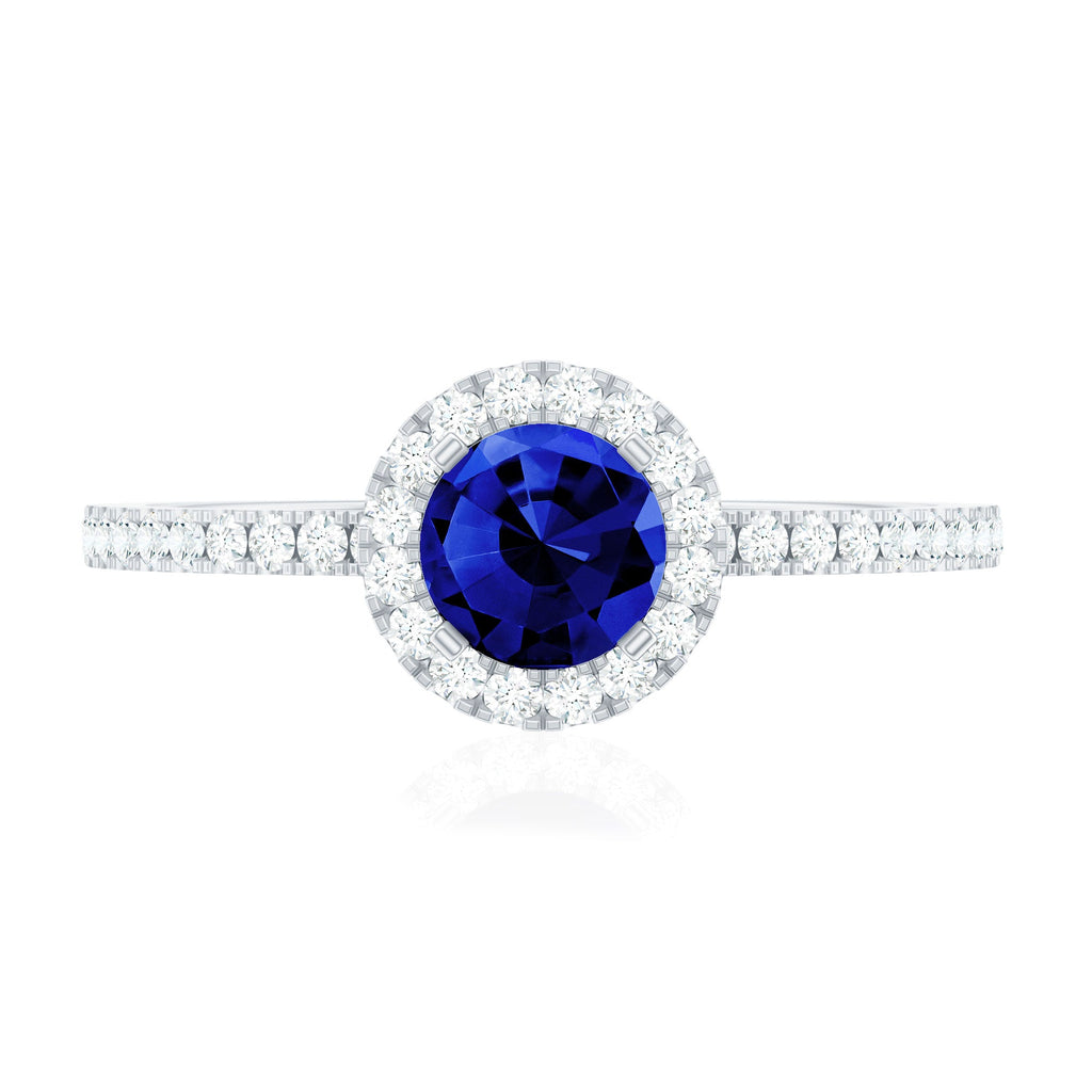Certified 0.6 Carat Lab Grown Blue Sapphire Engagement Ring with Diamond Halo