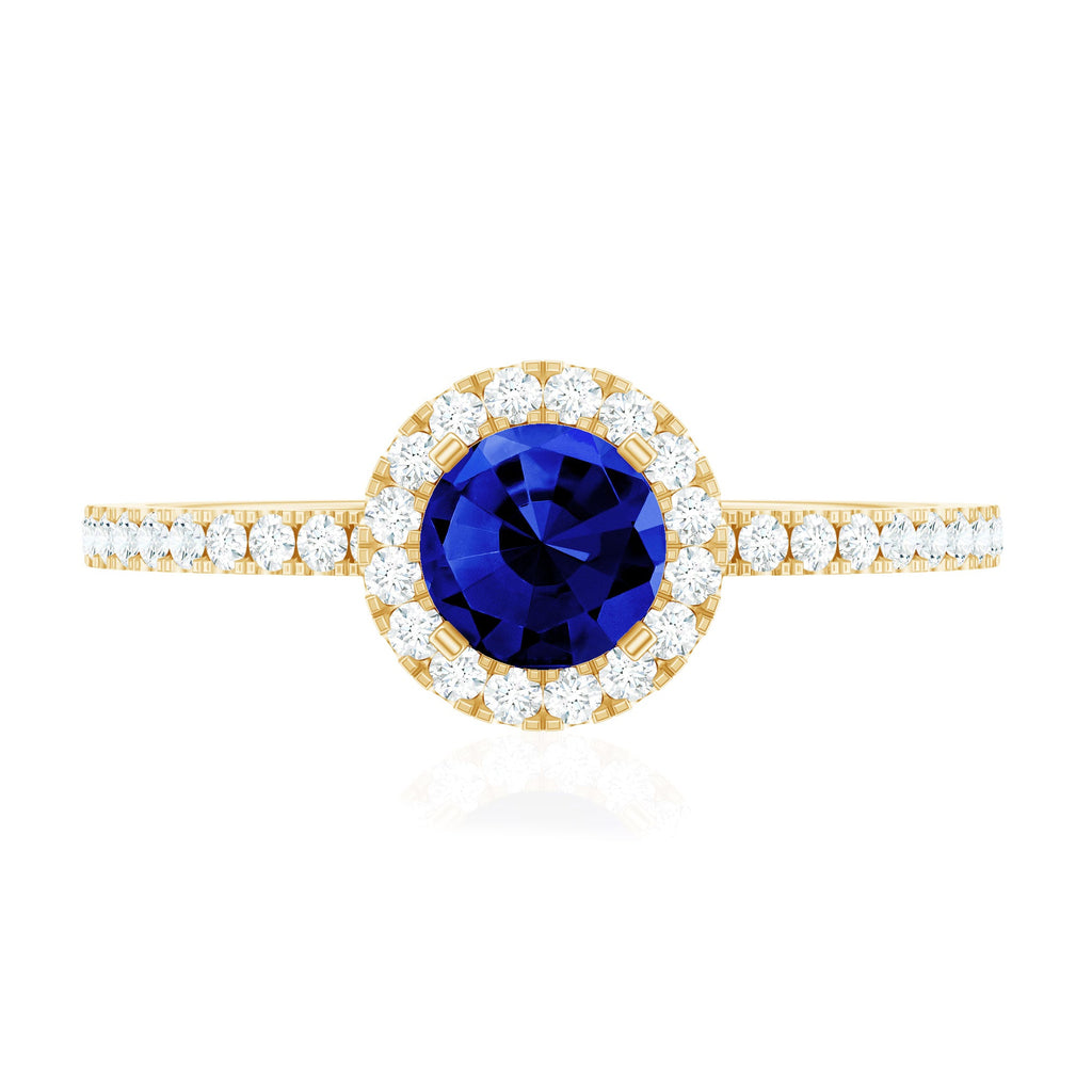 Certified 0.6 Carat Lab Grown Blue Sapphire Engagement Ring with Diamond Halo
