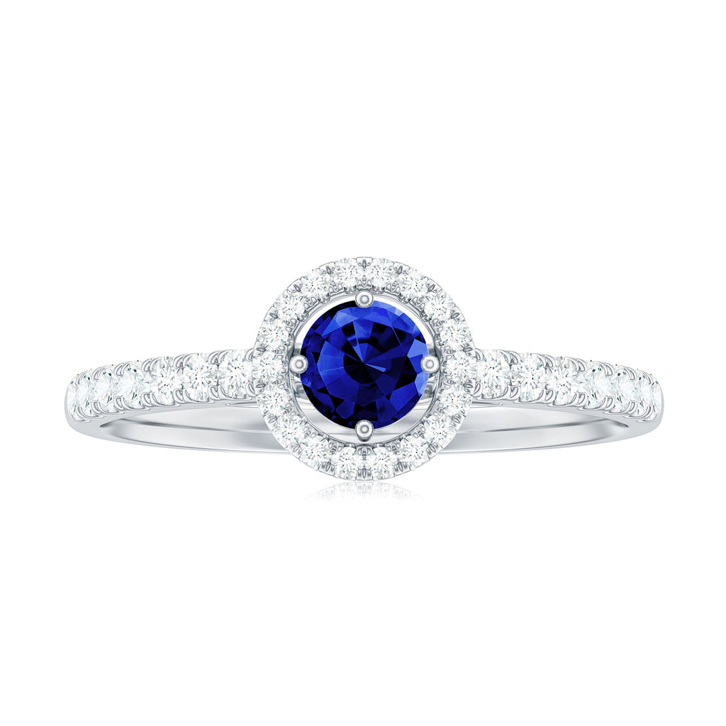 Certified 0.6 Carat Lab Grown Blue Sapphire Diamond Engagement Ring with Halo
