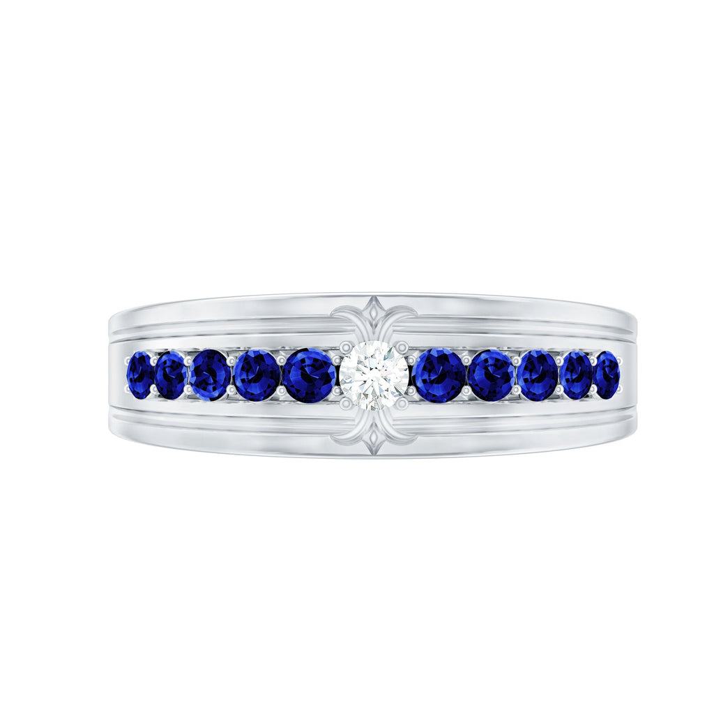 Certified Moissanite and Lab Created Blue Sapphire Anniversary Band
