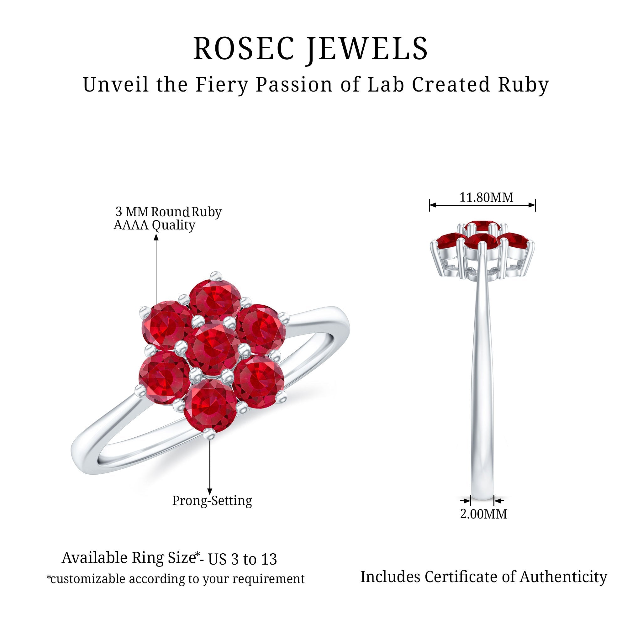 Certified Round Cut Lab Created Ruby Cluster Flower Ring