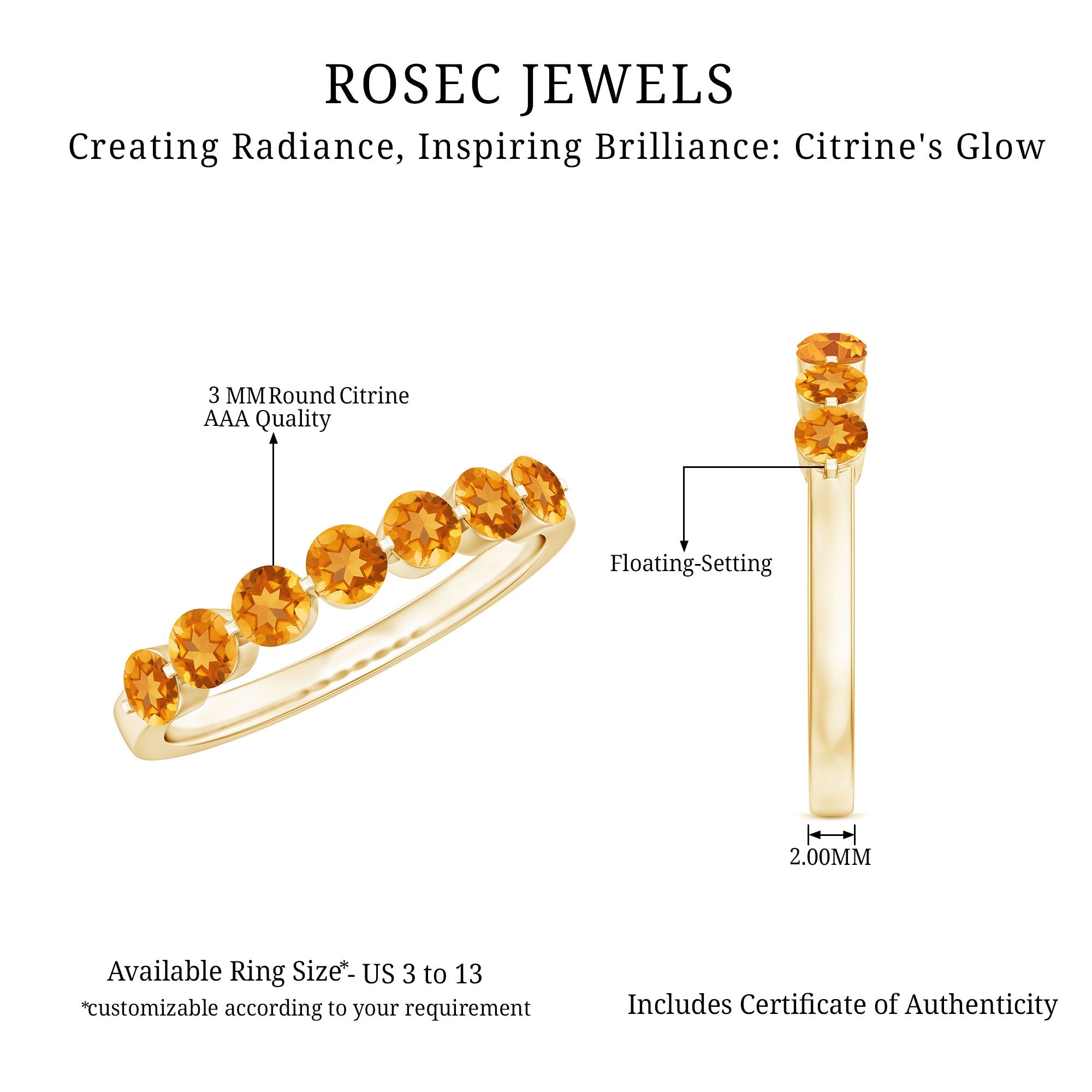 Natural Citrine Half Eternity Ring for Anniversary