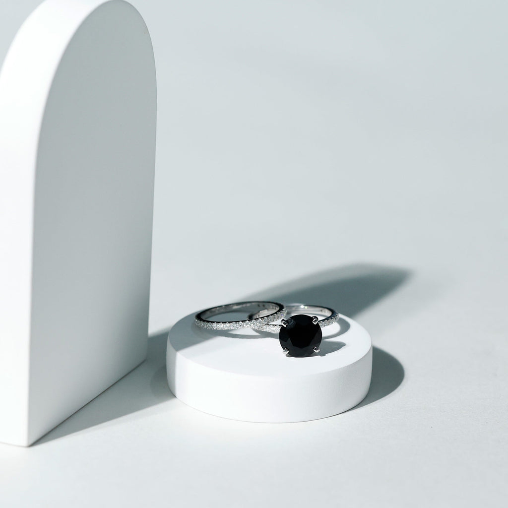 Certified 4.5 Carat Lab Grown Black Diamond Engagement Ring with Moissanite Wedding Band