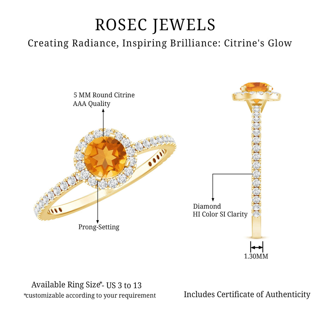 Round Cut Citrine and Diamond Classic Engagement Ring