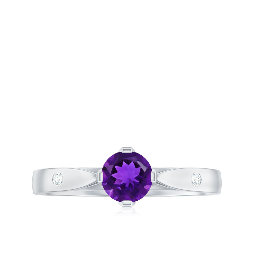 1/2 CT Solitaire Round Shape Amethyst Ring with Diamond