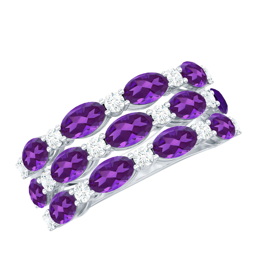 Certified Amethyst and Moissanite Three Row Wedding Band