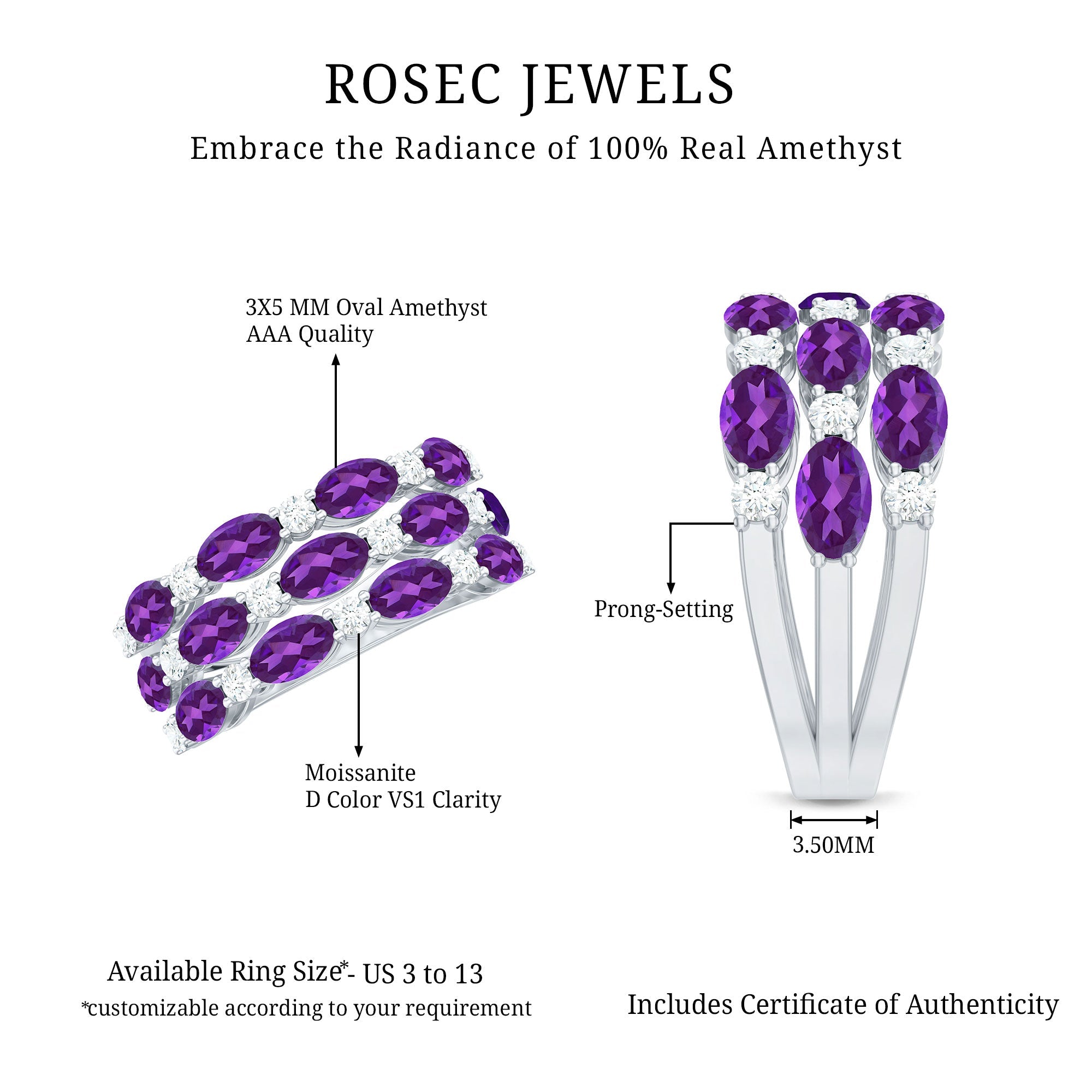 Certified Amethyst and Moissanite Three Row Wedding Band