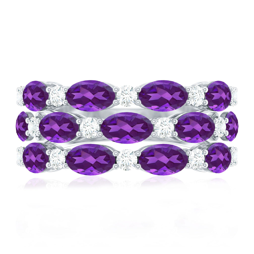 Certified Amethyst and Moissanite Three Row Wedding Band