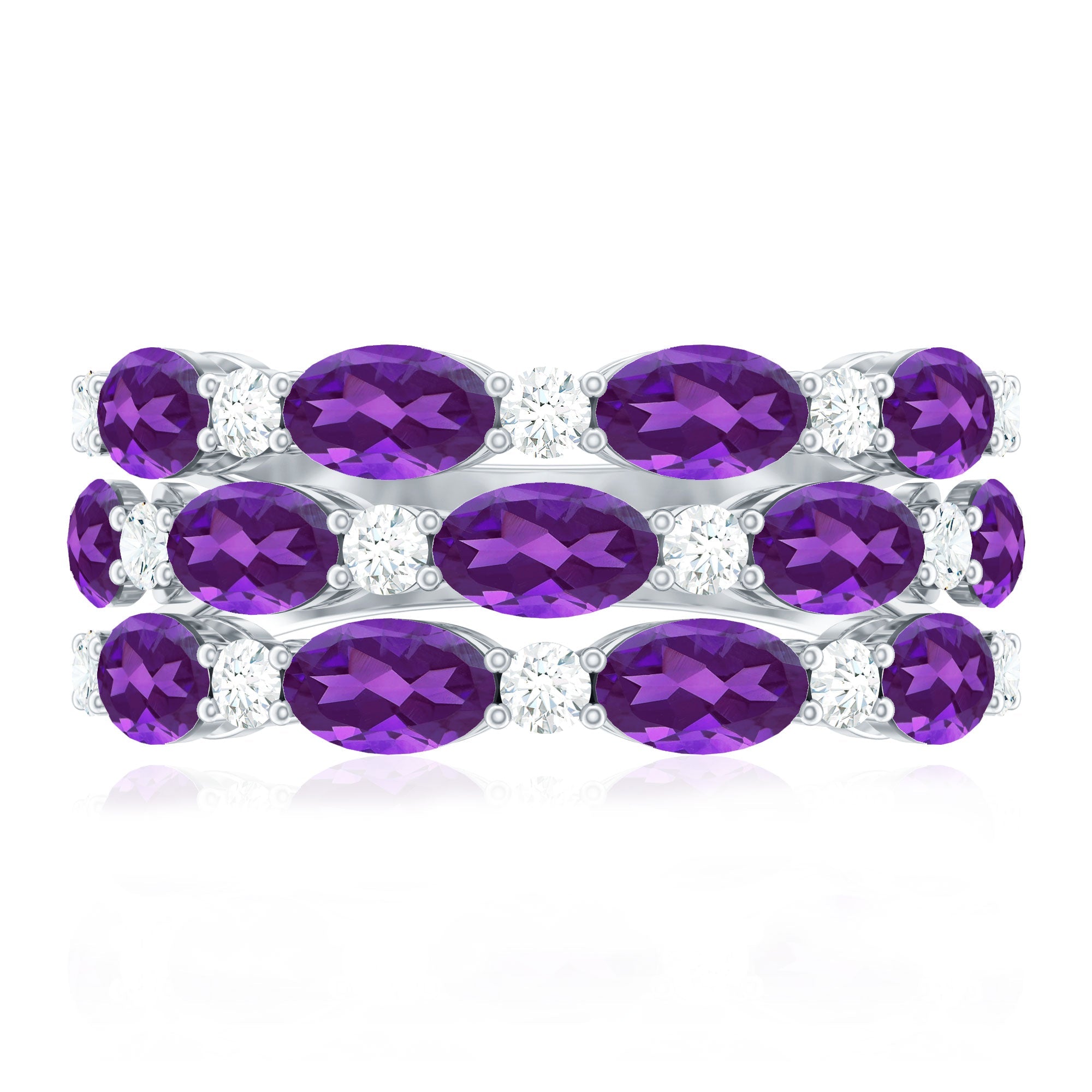 Certified Amethyst and Moissanite Three Row Wedding Band