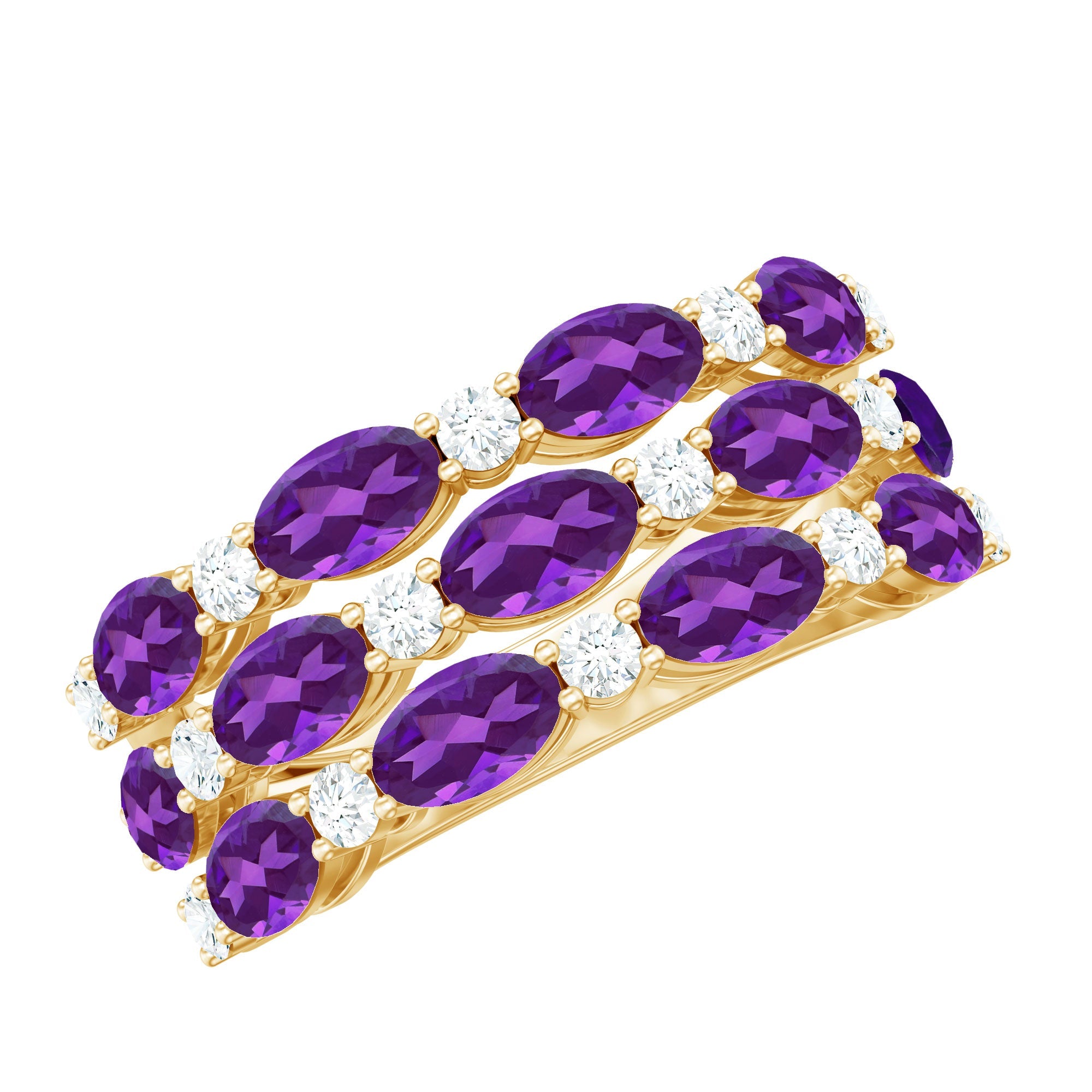 Certified Amethyst and Moissanite Three Row Wedding Band