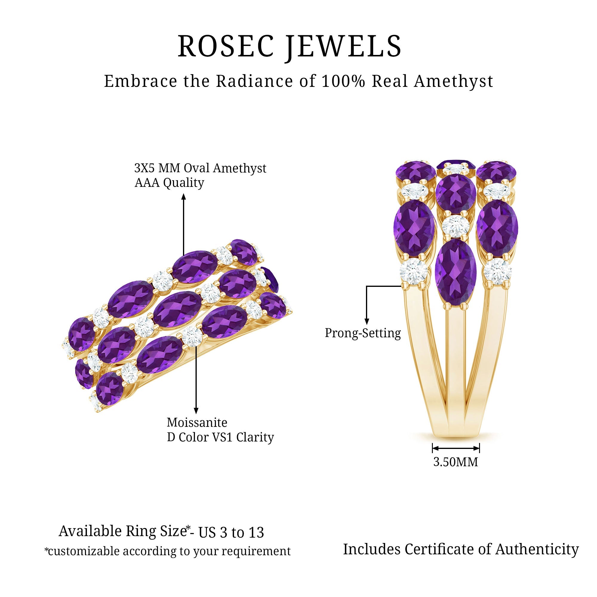 Certified Amethyst and Moissanite Three Row Wedding Band