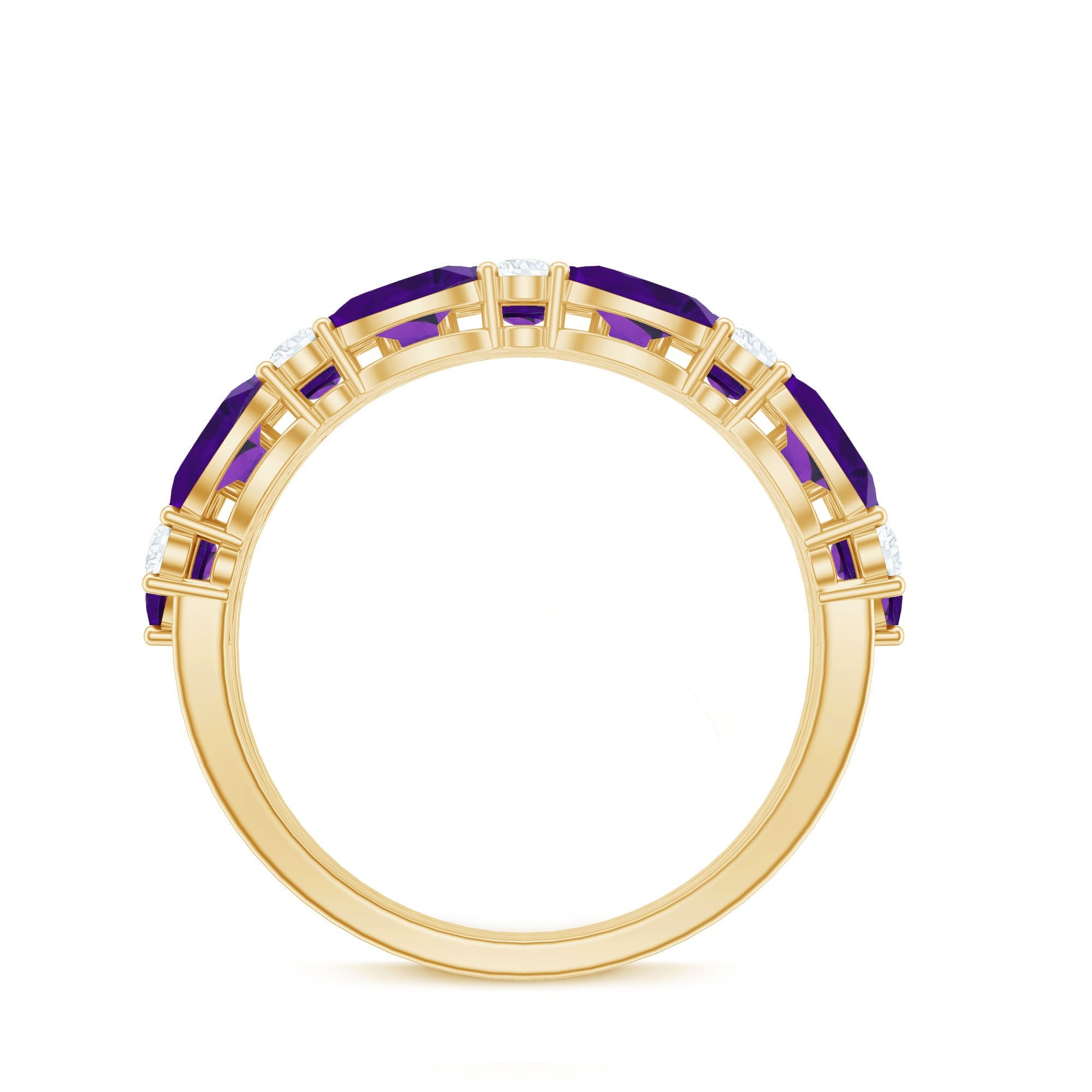 Certified Amethyst and Moissanite Three Row Wedding Band