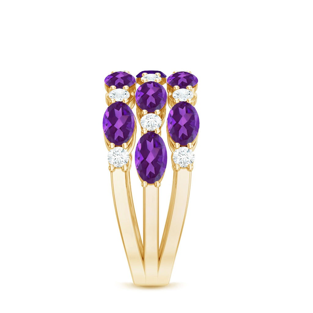 Certified Amethyst and Moissanite Three Row Wedding Band
