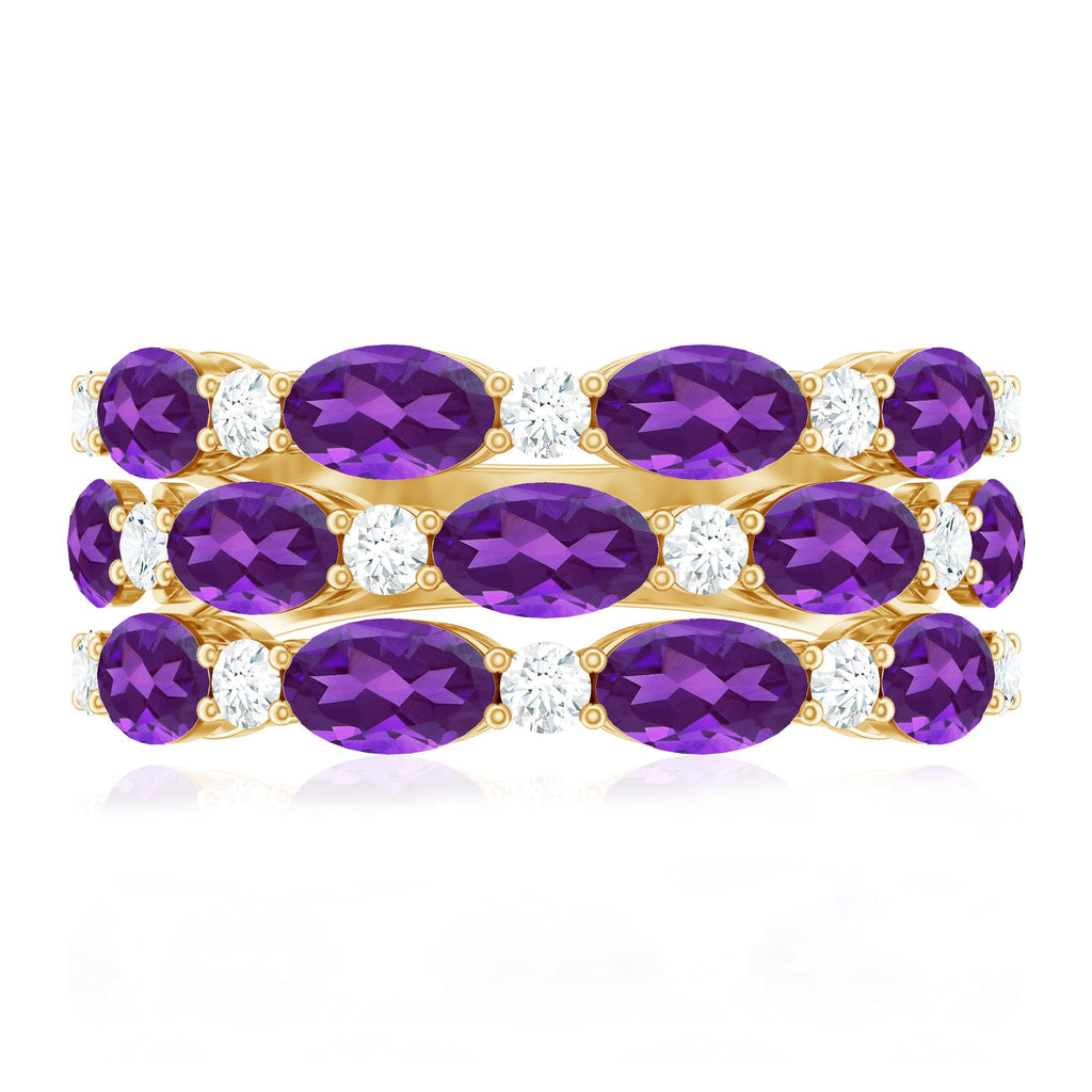 Certified Amethyst and Moissanite Three Row Wedding Band