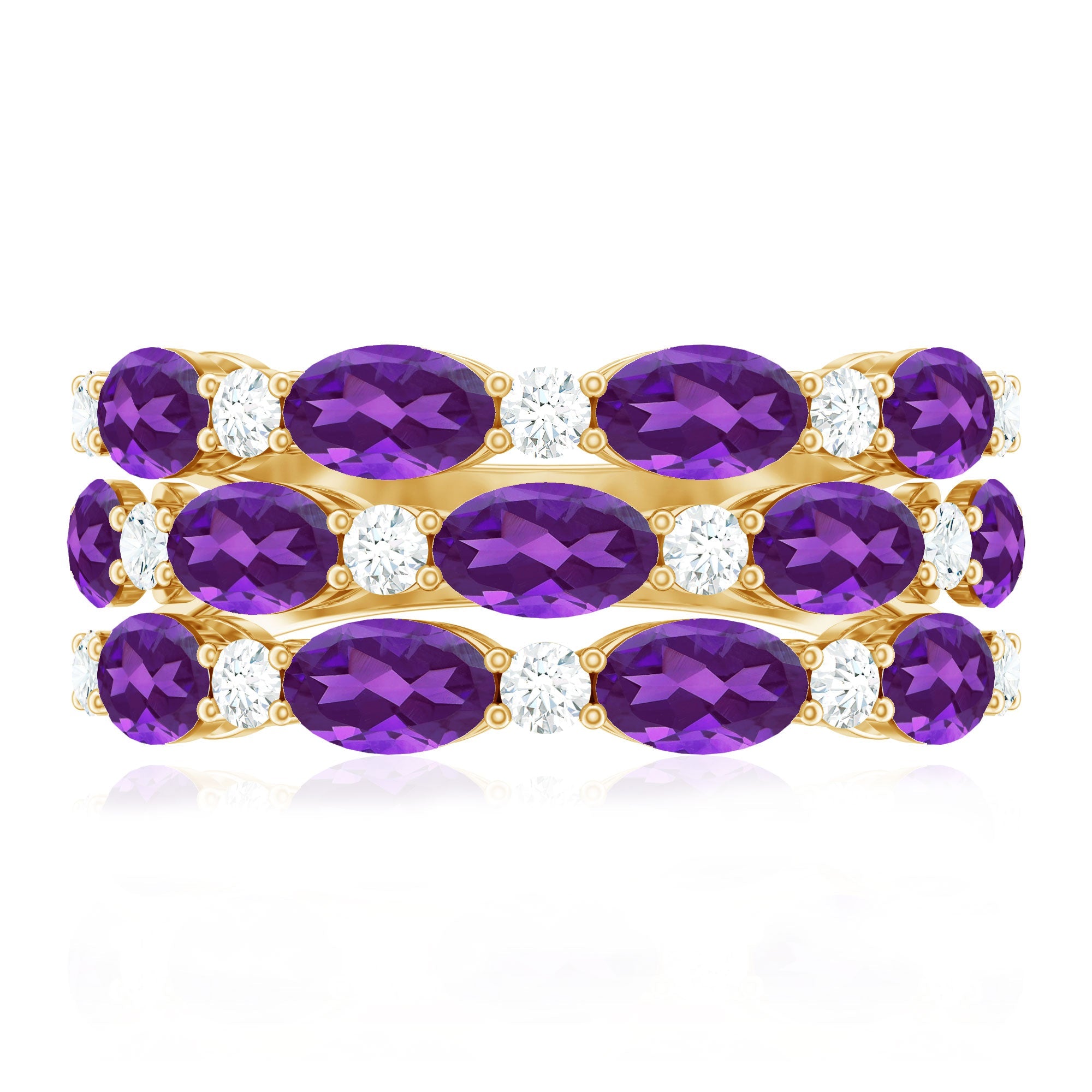 Certified Amethyst and Moissanite Three Row Wedding Band