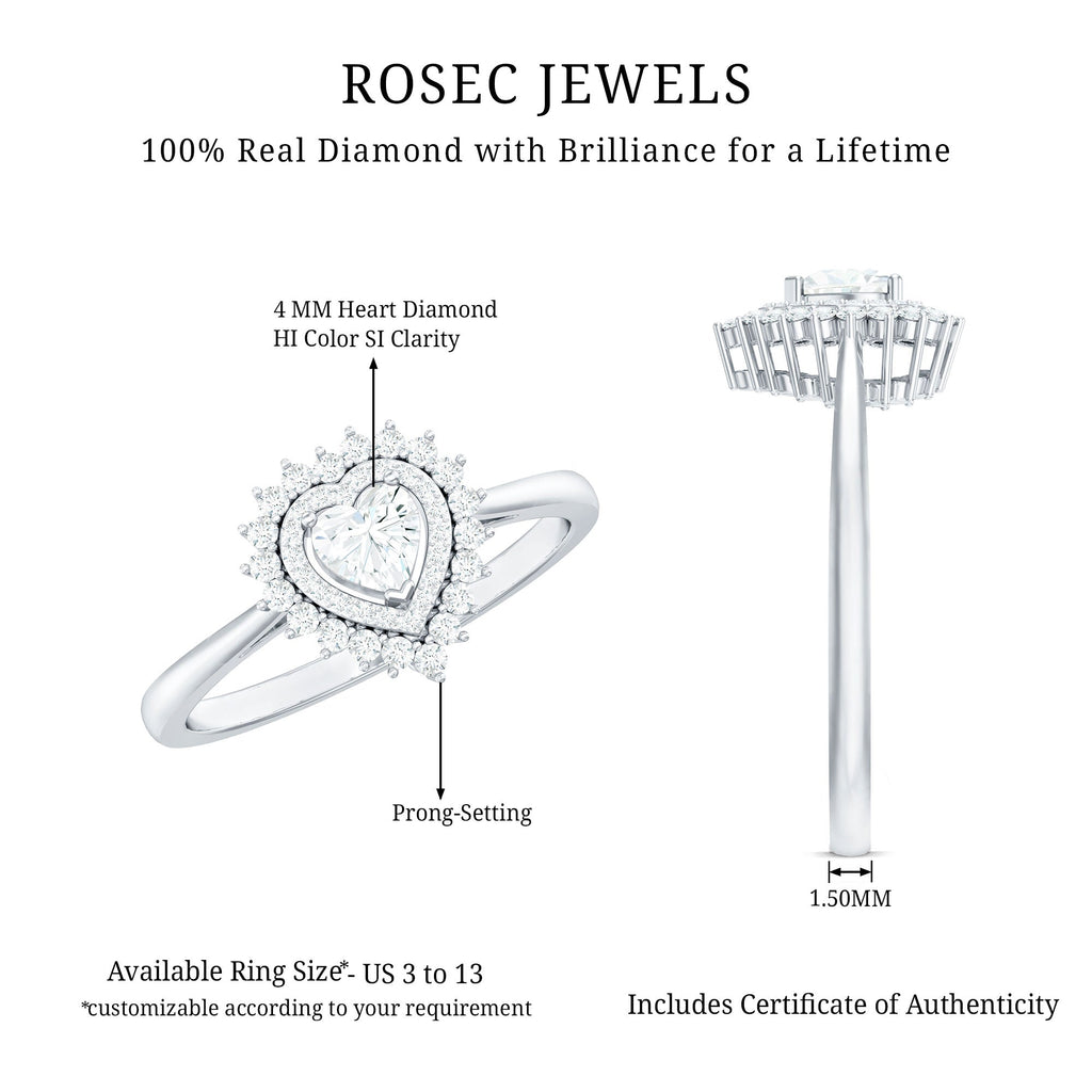 Certified Real 0.25 Carat Diamond Heart Engagement Ring with Double Halo