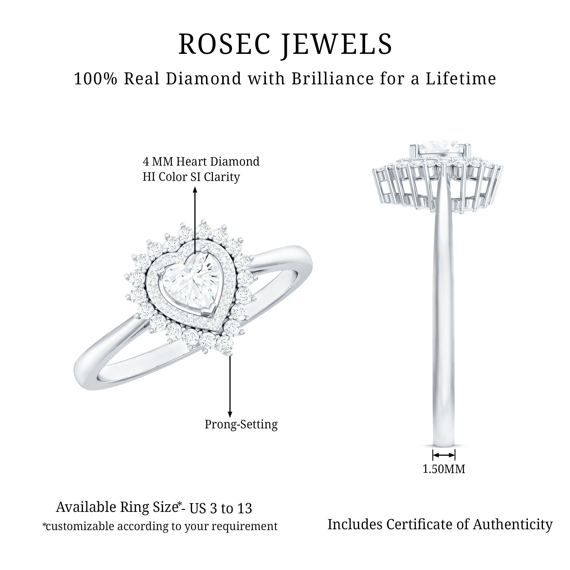 Certified Real 0.25 Carat Diamond Heart Engagement Ring with Double Halo
