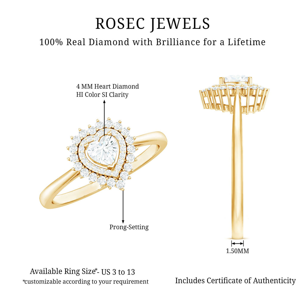 Certified Real 0.25 Carat Diamond Heart Engagement Ring with Double Halo