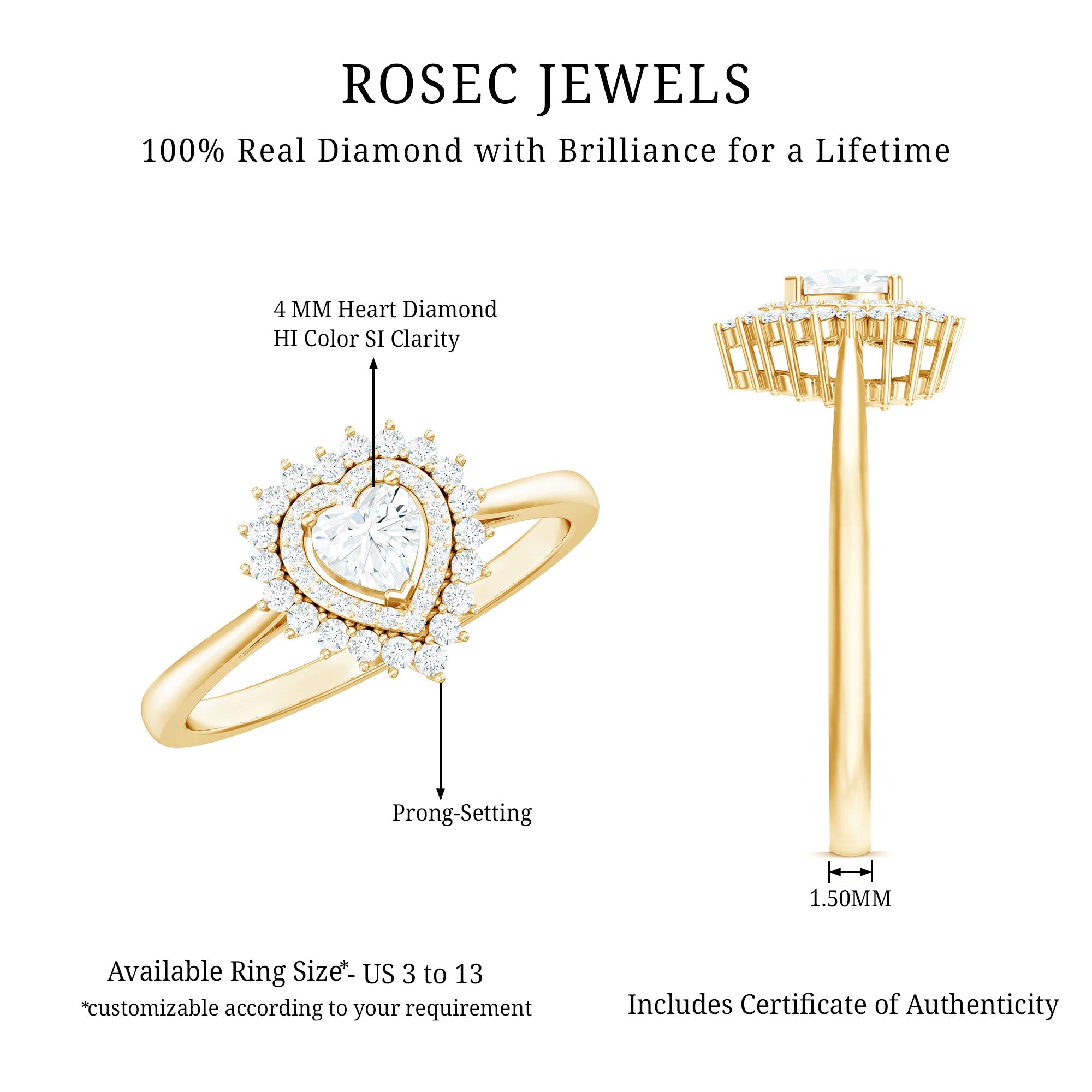 Certified Real 0.25 Carat Diamond Heart Engagement Ring with Double Halo