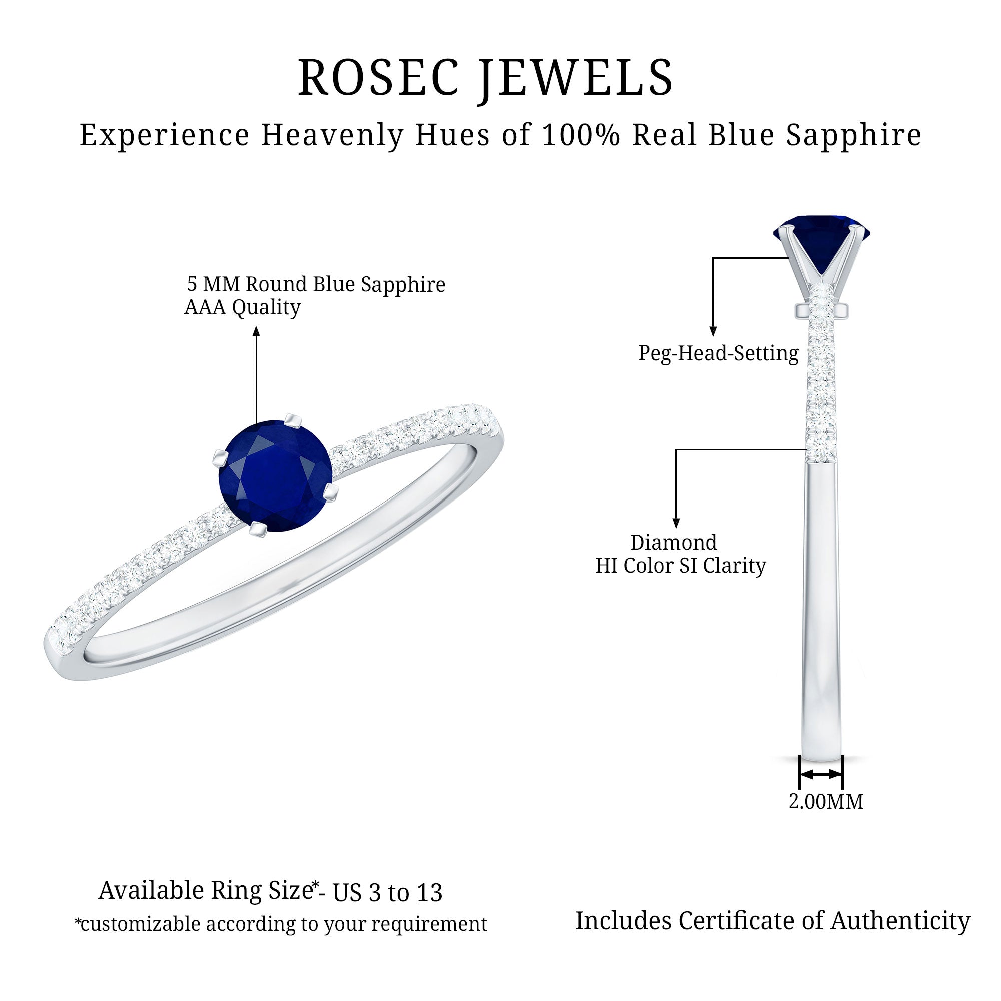 Real 0.9 Carat Blue Sapphire Promise Ring with Diamonds