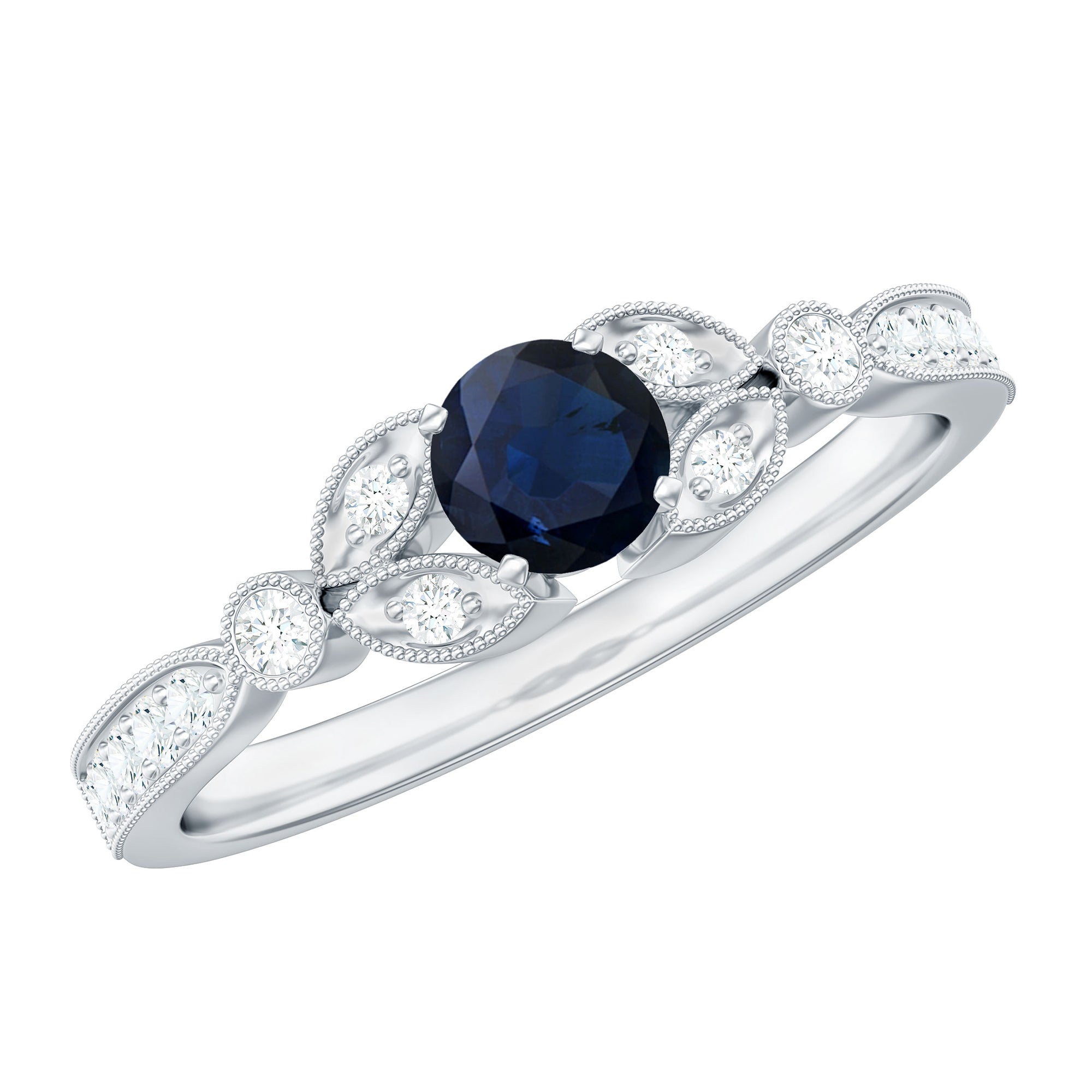 Vintage Inspired Blue Sapphire and Diamond Engagement Ring with Milgrain Details