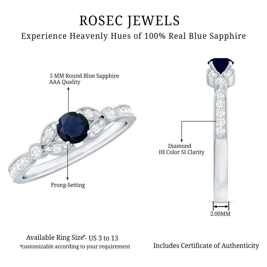 Vintage Inspired Blue Sapphire and Diamond Engagement Ring with Milgrain Details