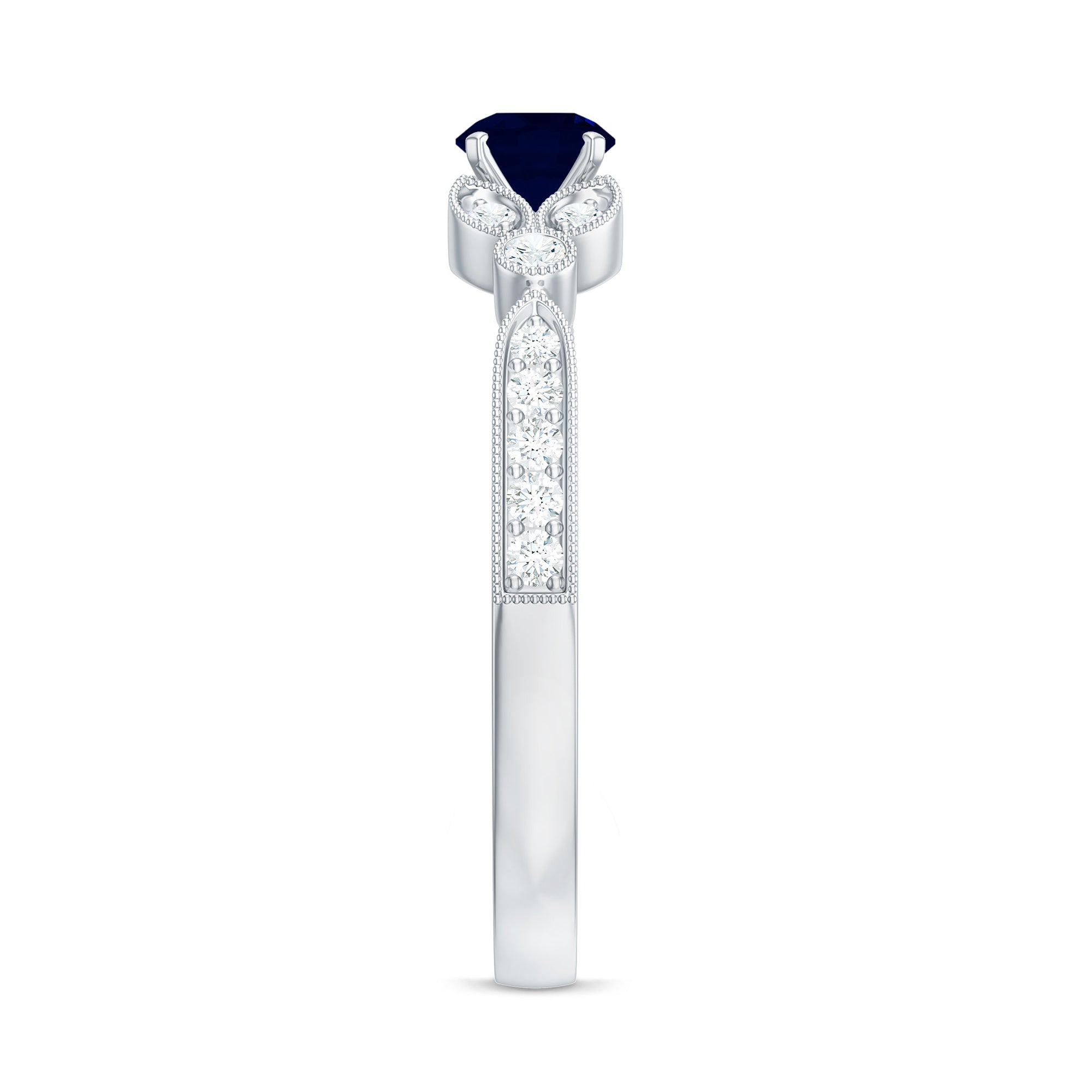 Vintage Inspired Blue Sapphire and Diamond Engagement Ring with Milgrain Details