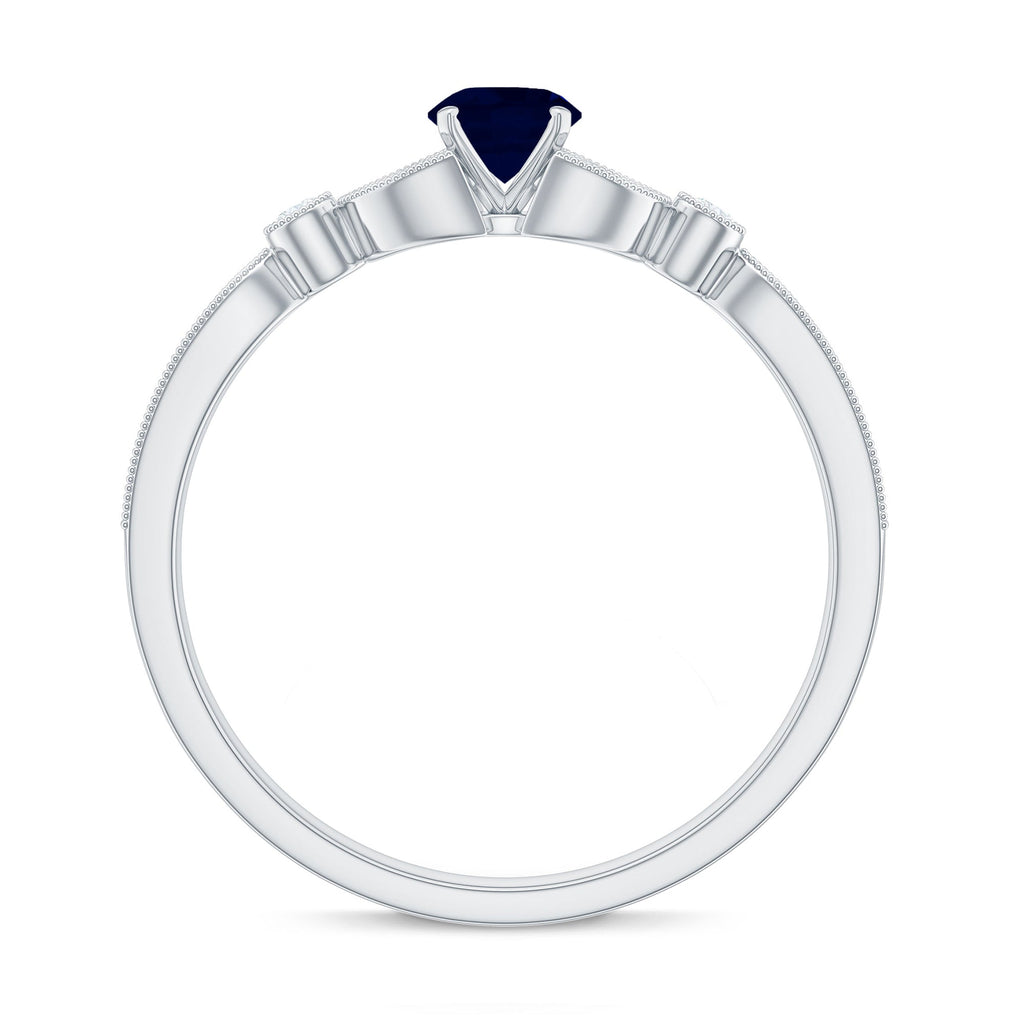 Vintage Inspired Blue Sapphire and Diamond Engagement Ring with Milgrain Details