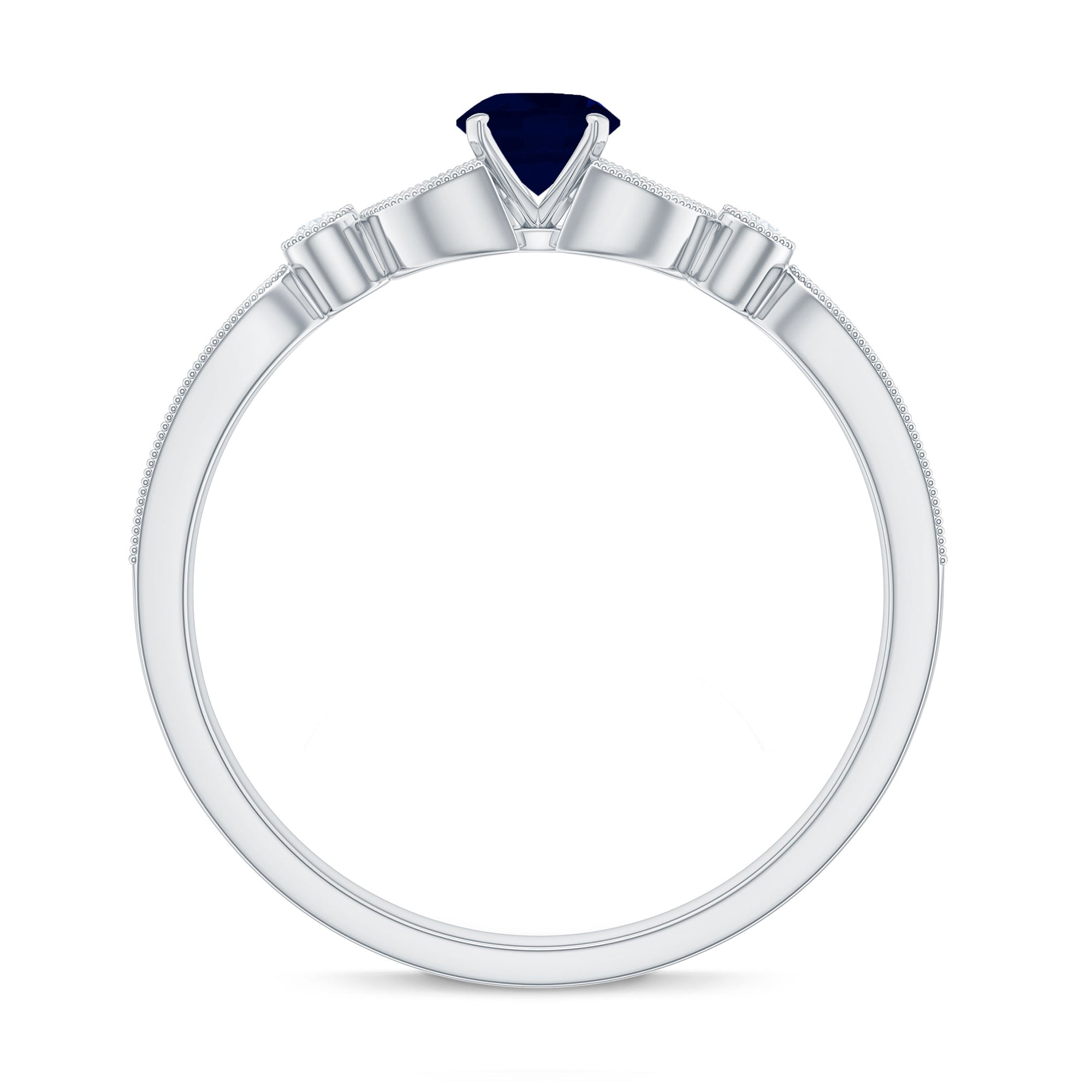Vintage Inspired Blue Sapphire and Diamond Engagement Ring with Milgrain Details