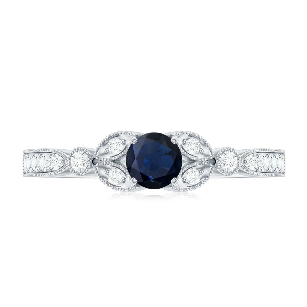 Vintage Inspired Blue Sapphire and Diamond Engagement Ring with Milgrain Details