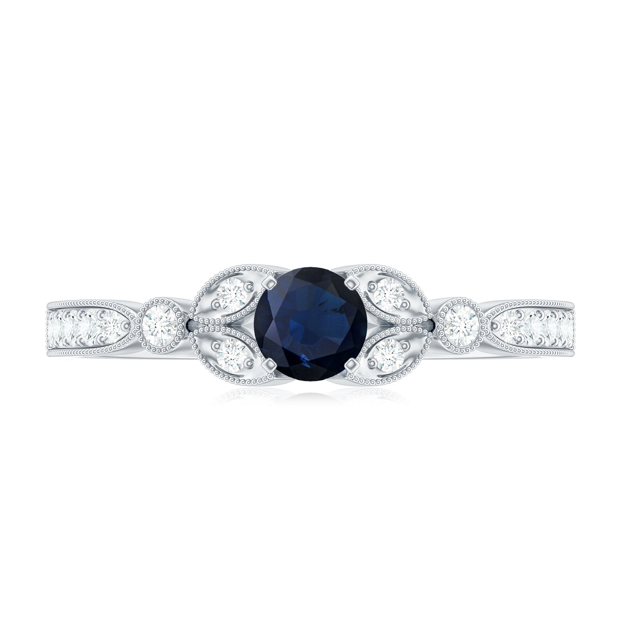 Vintage Inspired Blue Sapphire and Diamond Engagement Ring with Milgrain Details