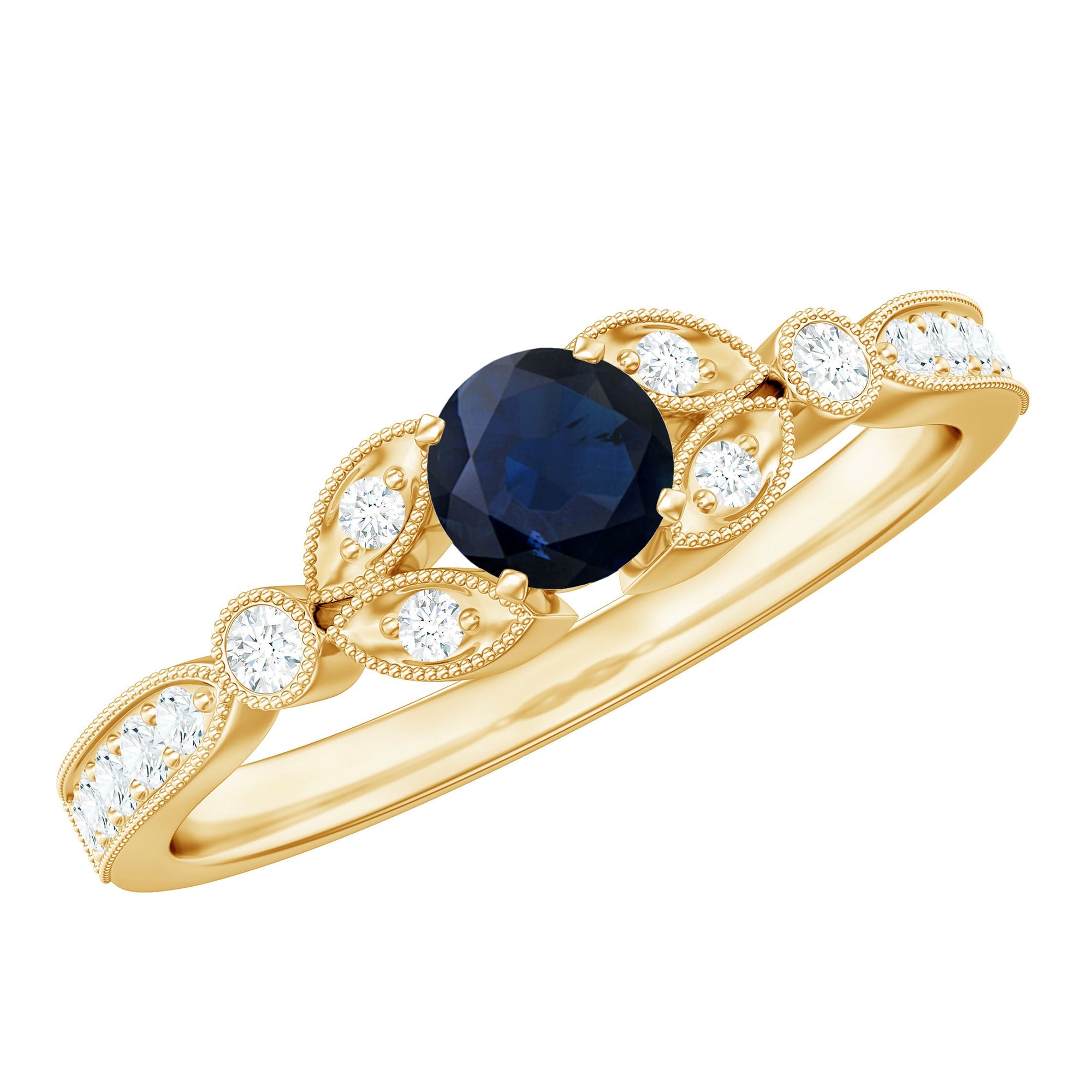 Vintage Inspired Blue Sapphire and Diamond Engagement Ring with Milgrain Details