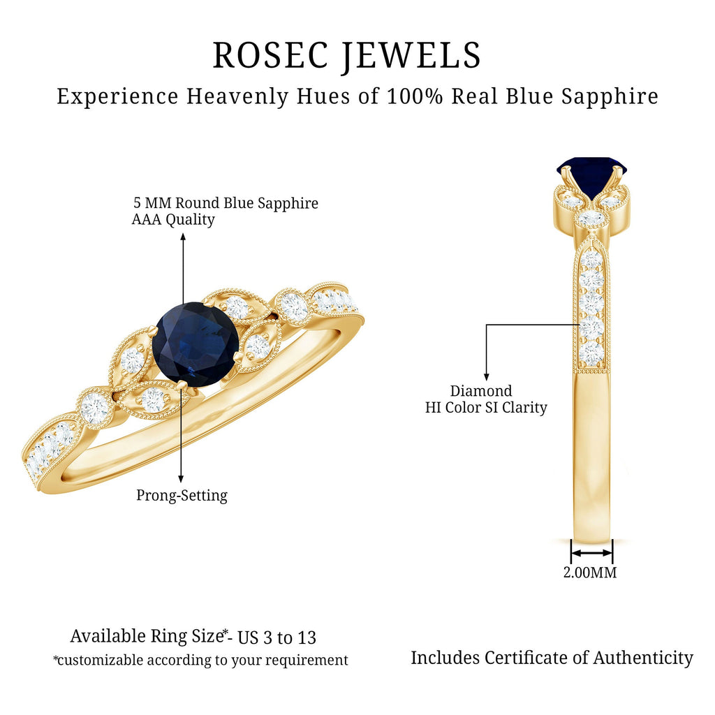 Vintage Inspired Blue Sapphire and Diamond Engagement Ring with Milgrain Details