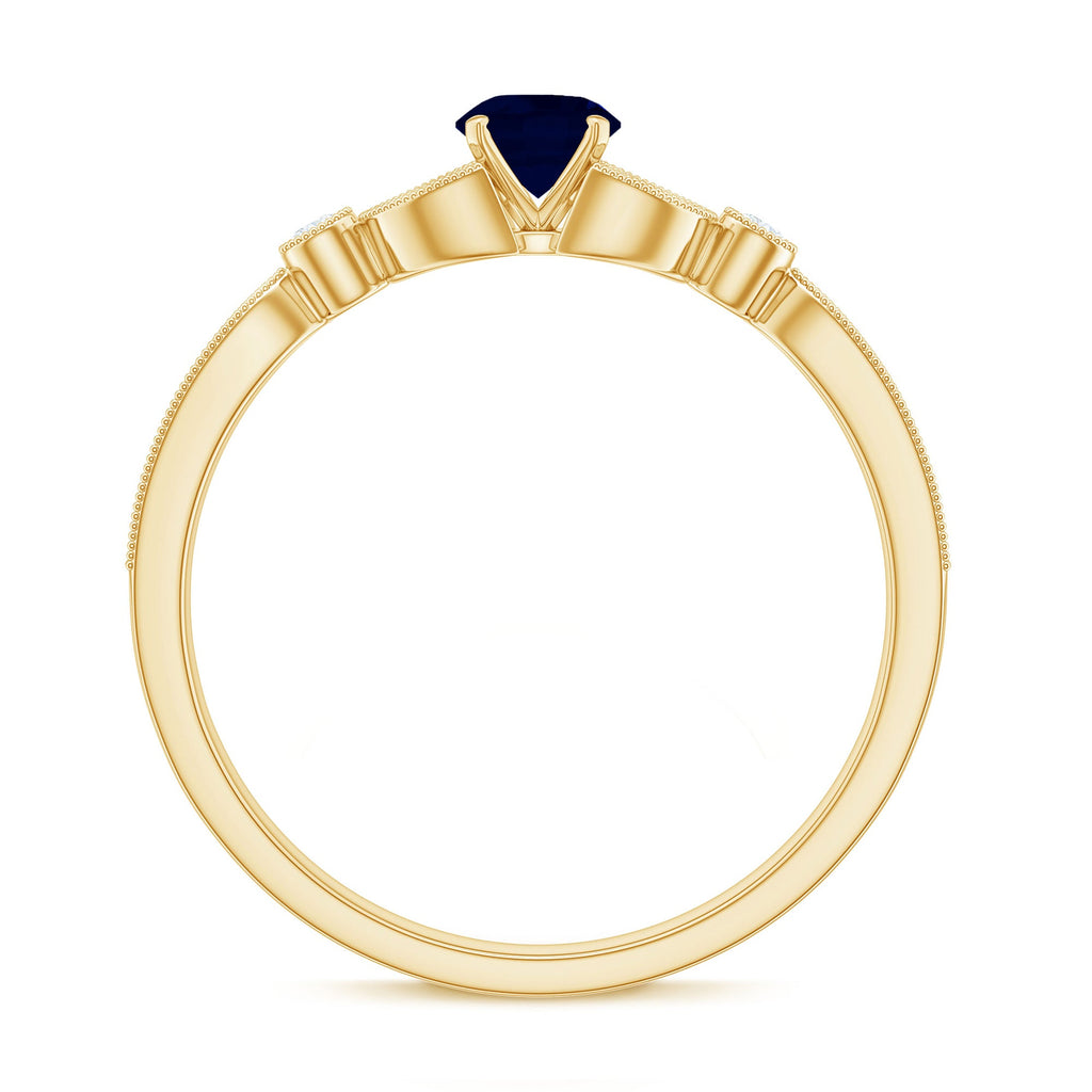 Vintage Inspired Blue Sapphire and Diamond Engagement Ring with Milgrain Details