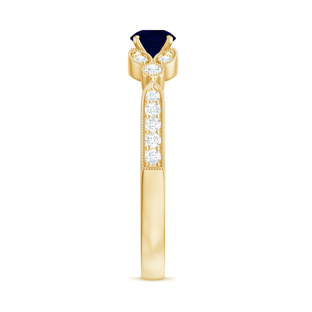 Vintage Inspired Blue Sapphire and Diamond Engagement Ring with Milgrain Details