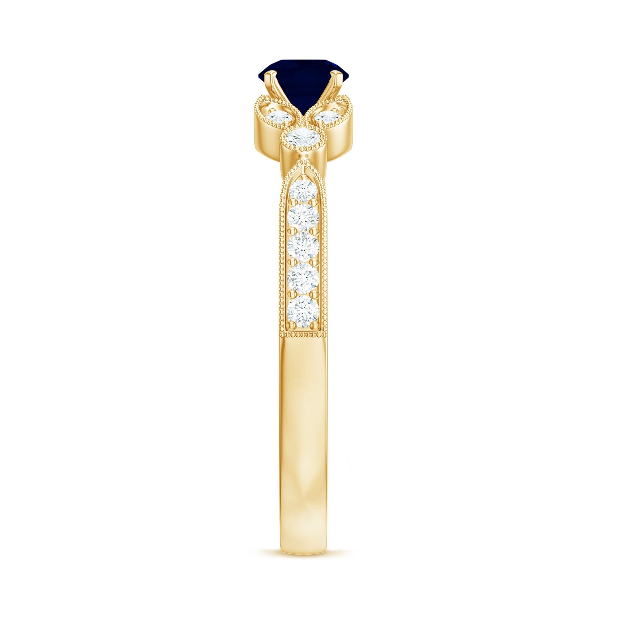 Vintage Inspired Blue Sapphire and Diamond Engagement Ring with Milgrain Details