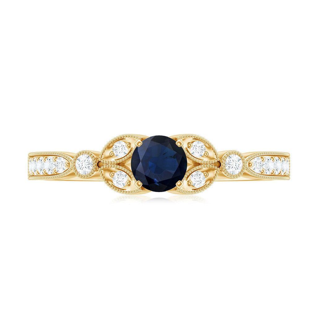 Vintage Inspired Blue Sapphire and Diamond Engagement Ring with Milgrain Details