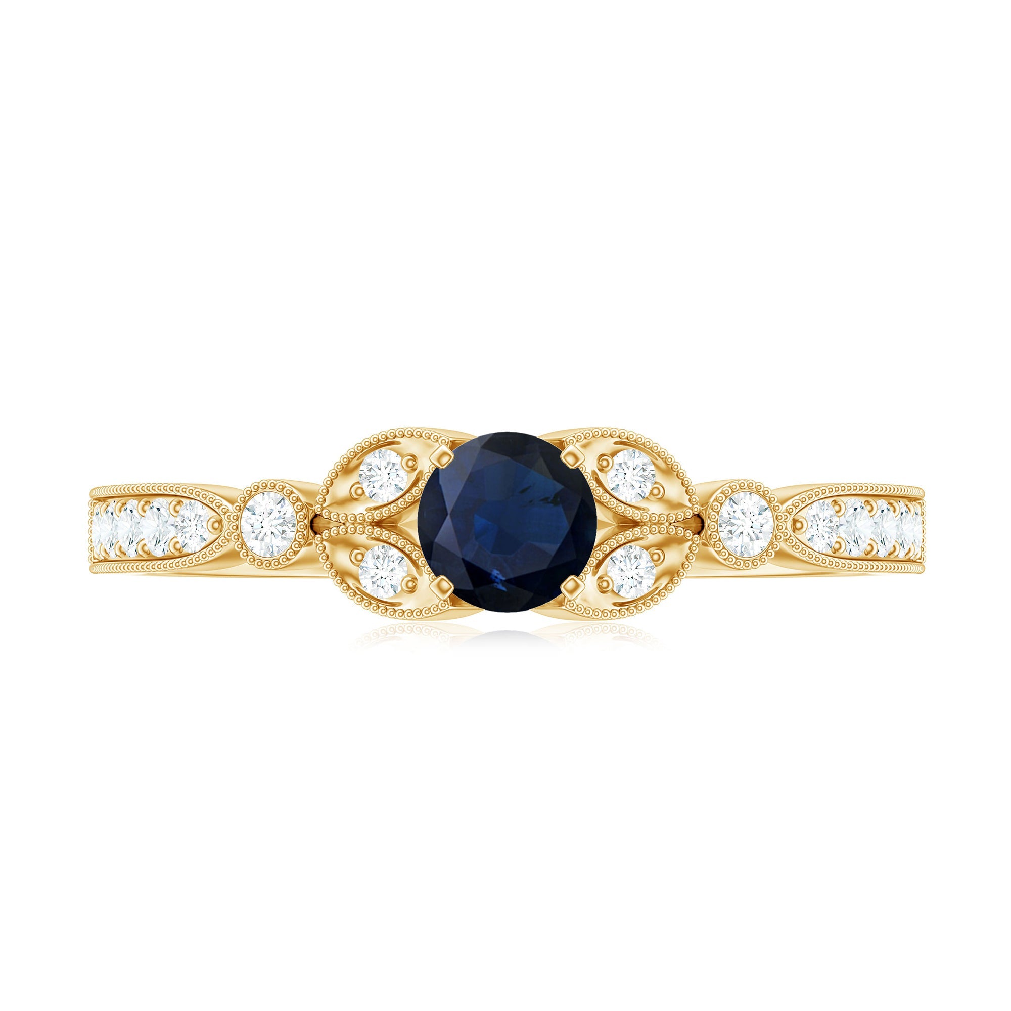 Vintage Inspired Blue Sapphire and Diamond Engagement Ring with Milgrain Details